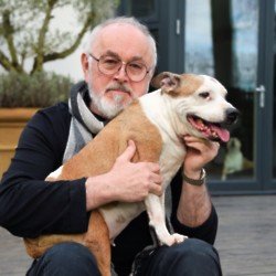 Peter Egan with his rescue dog Megan (Credit: Maria Slough Photography)