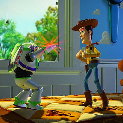 Buzz meets Woody in Toy Story